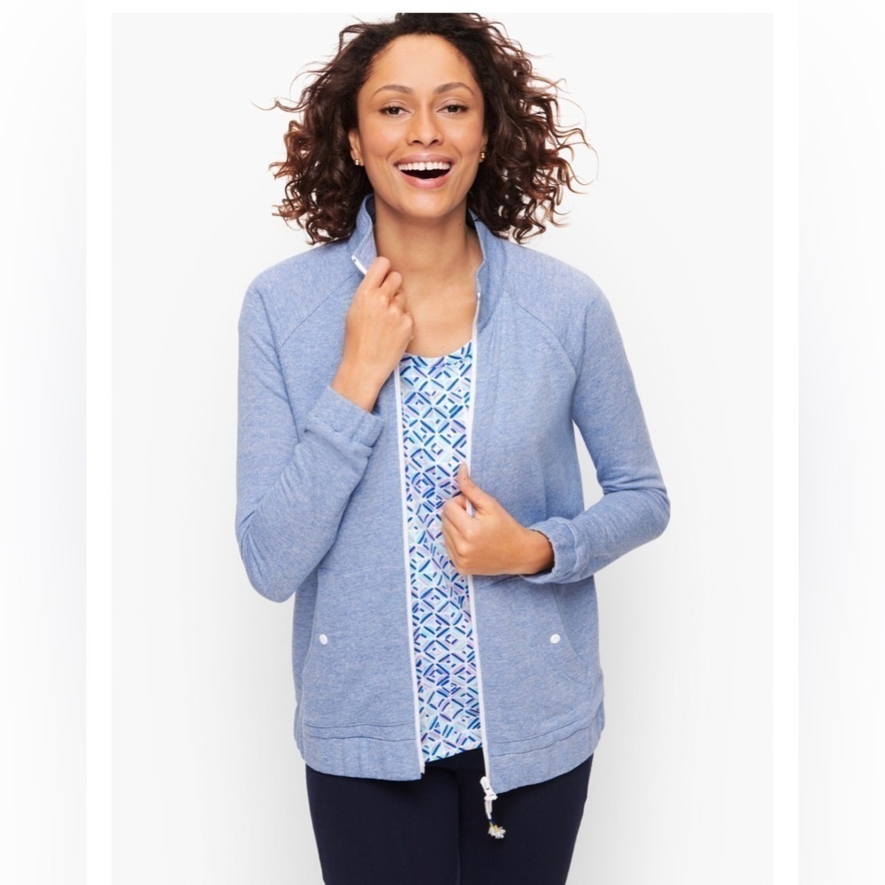 T by Talbots Heathered Blue Slub Terry Jacket Size: L